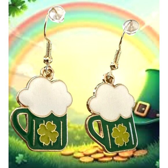 St Patricks Day Earrings Beer Four Leaf Clover Dangle Hooks Parade New F… - Picture 9 of 11